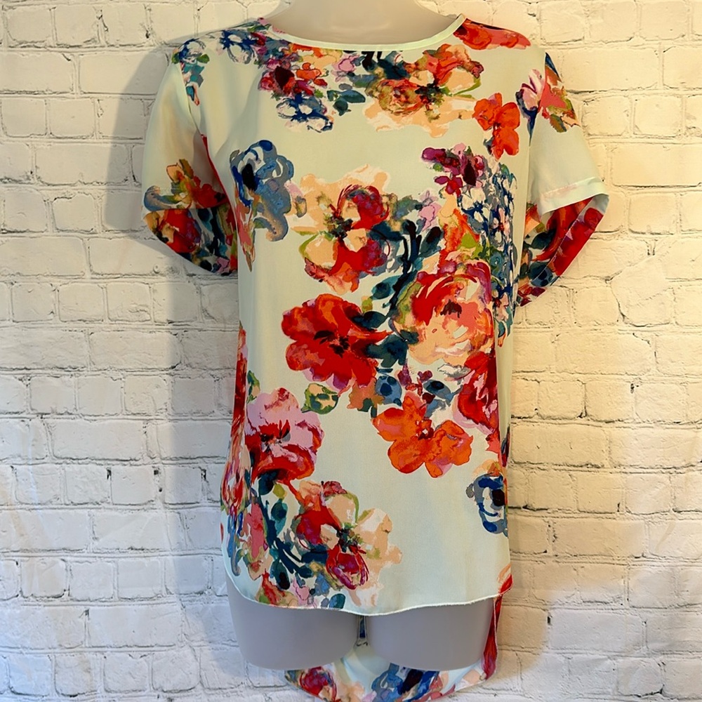 Spense gorgeous watercolor flowered hi-low blouse